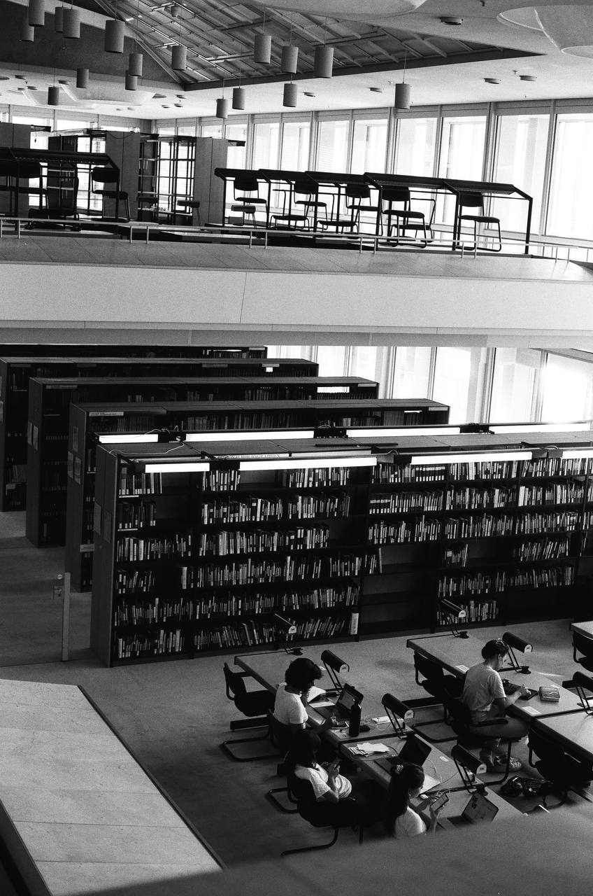 library on black and white film