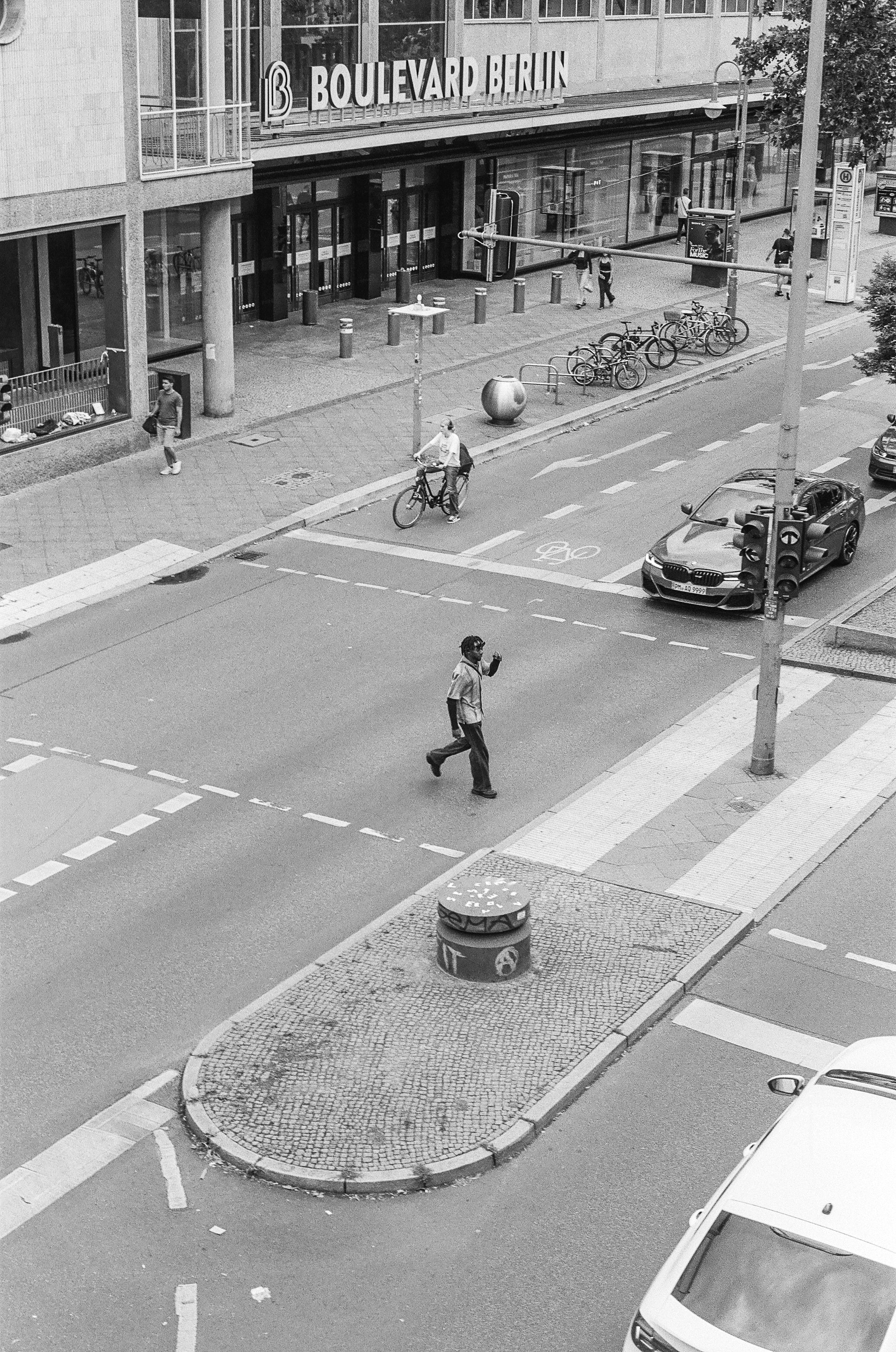 the road intersection on black and white film