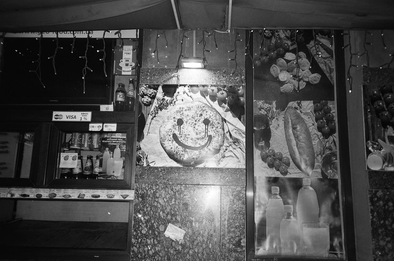 paimted smile shot on b&w film