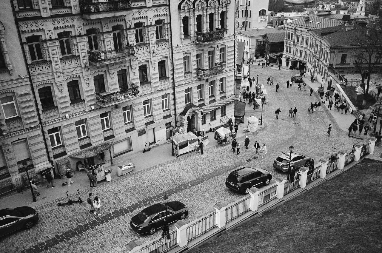 the street view from above captured on b&w film