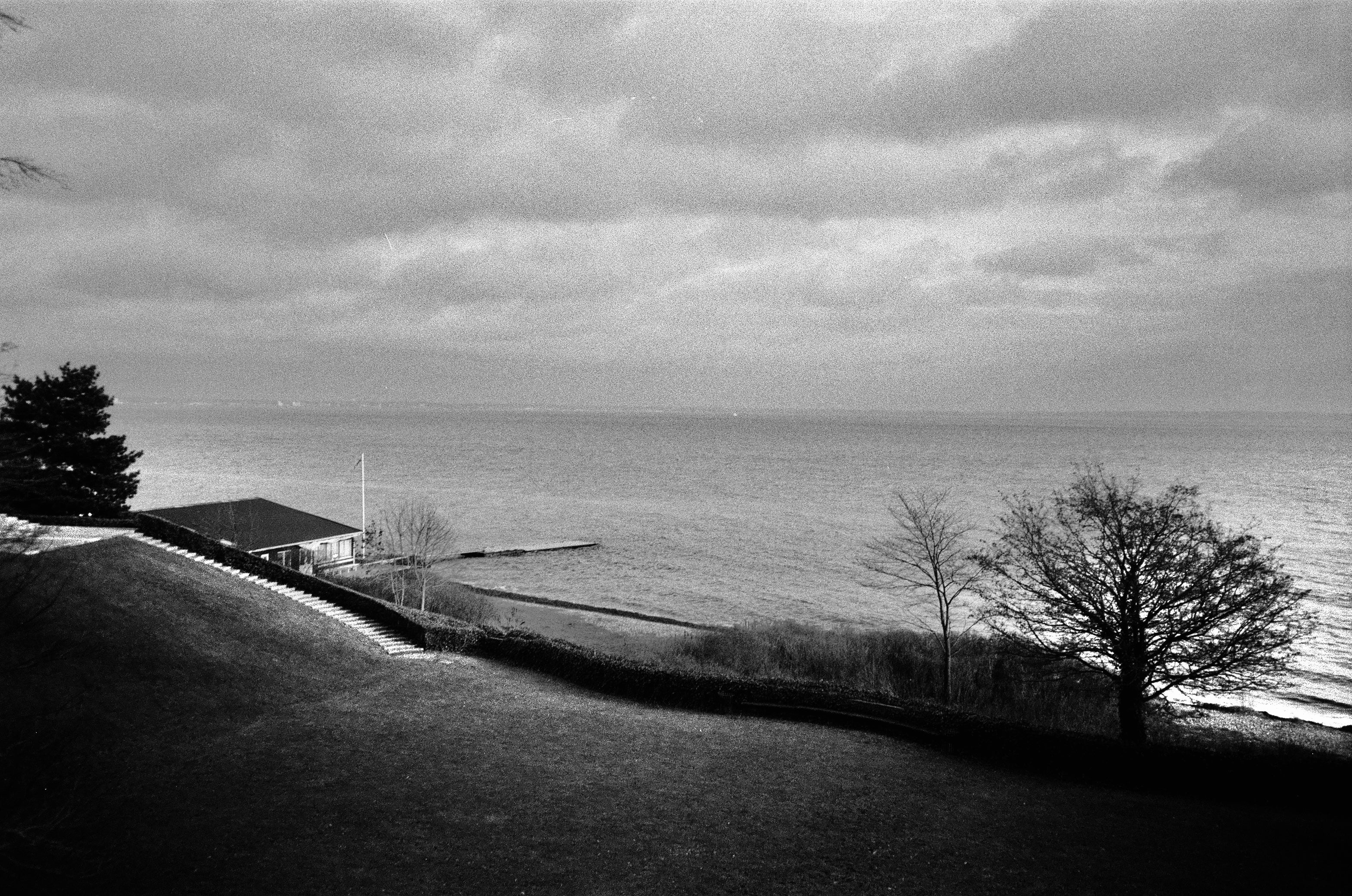 Coastal landscape on grainy black and white film