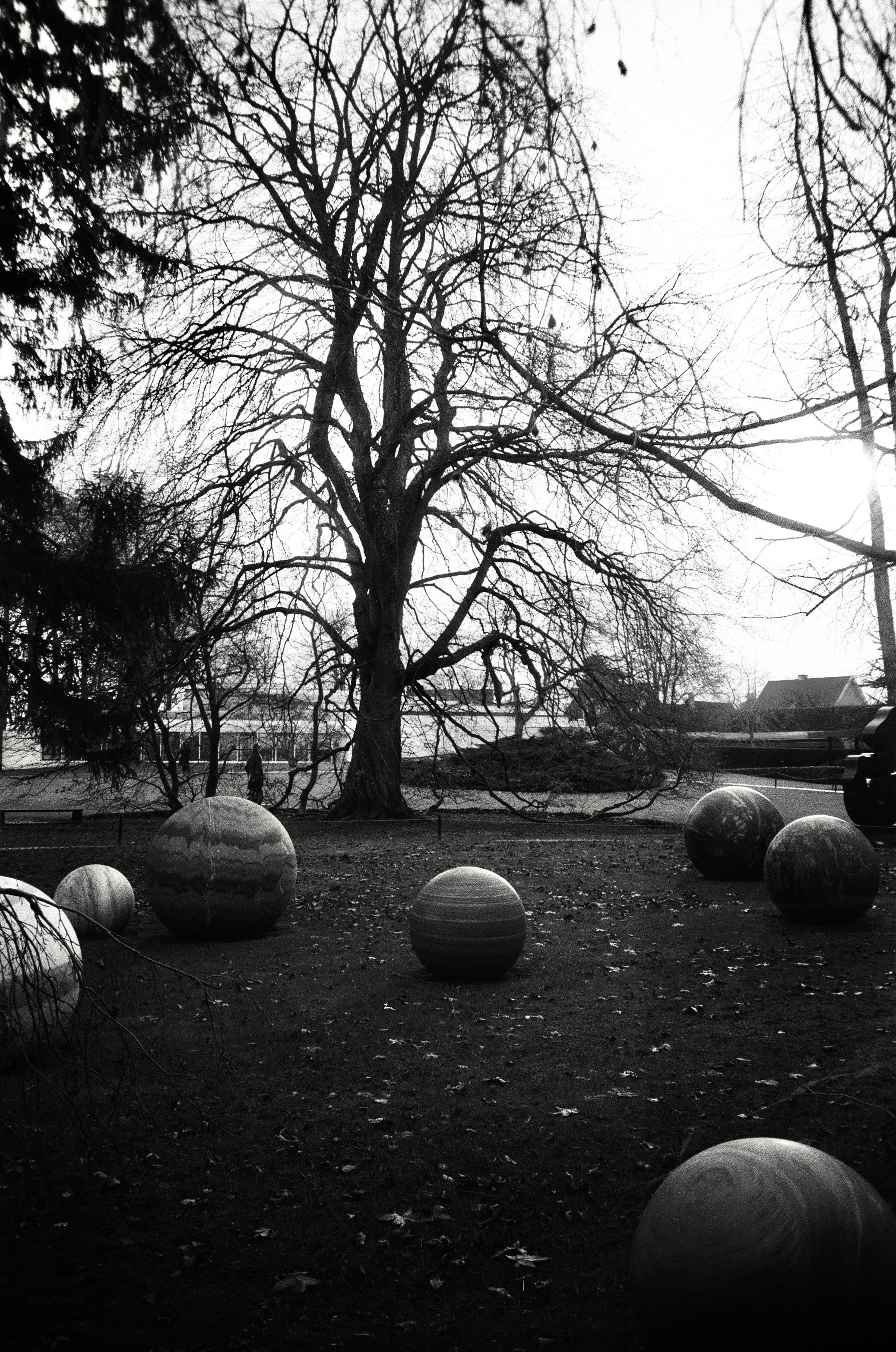 sculprutes of balls on black & white film