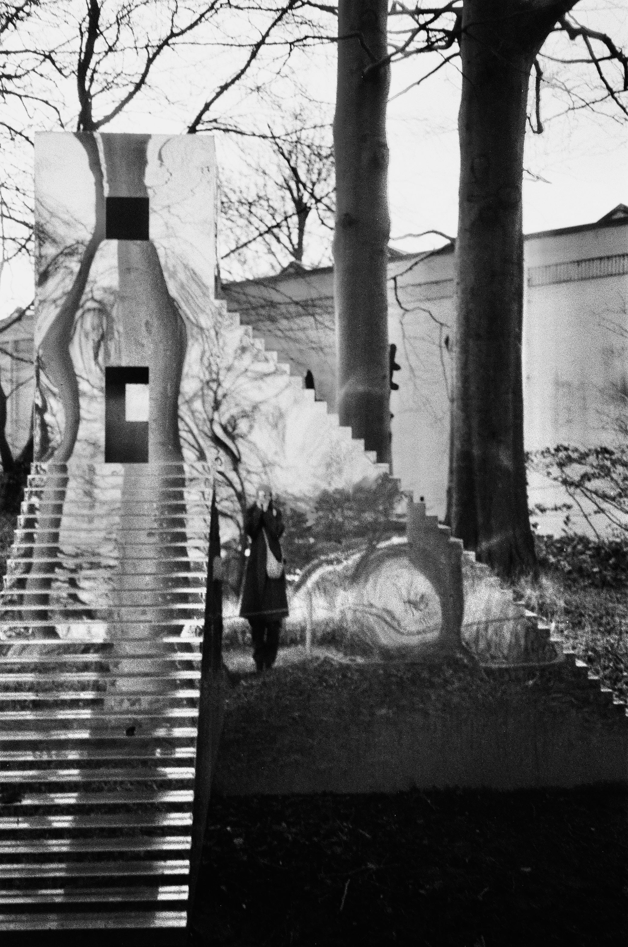 park construction on black and white film