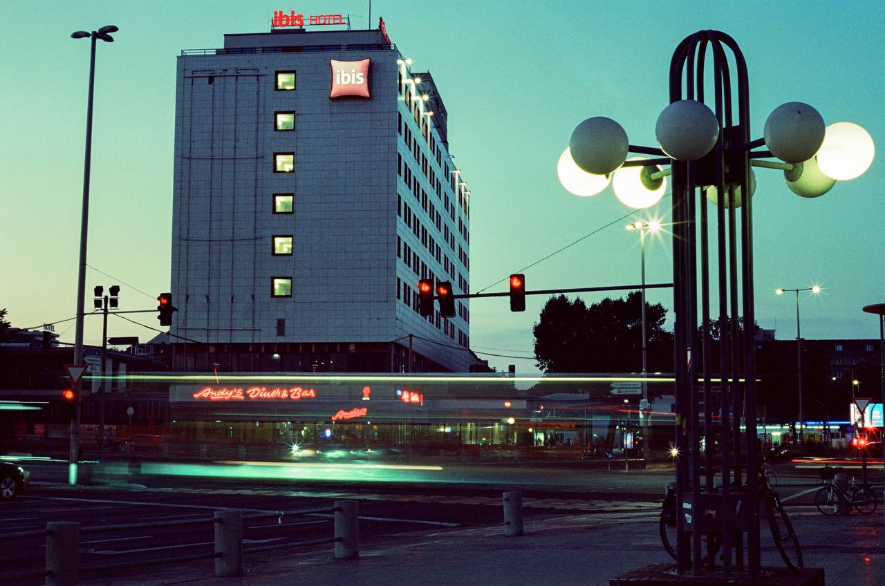 Night city on color motion picture film