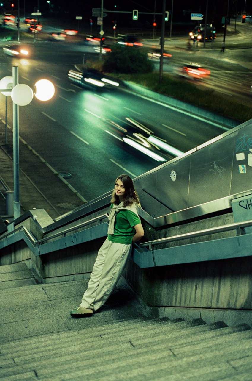 Urban night with lights on color motion picture film