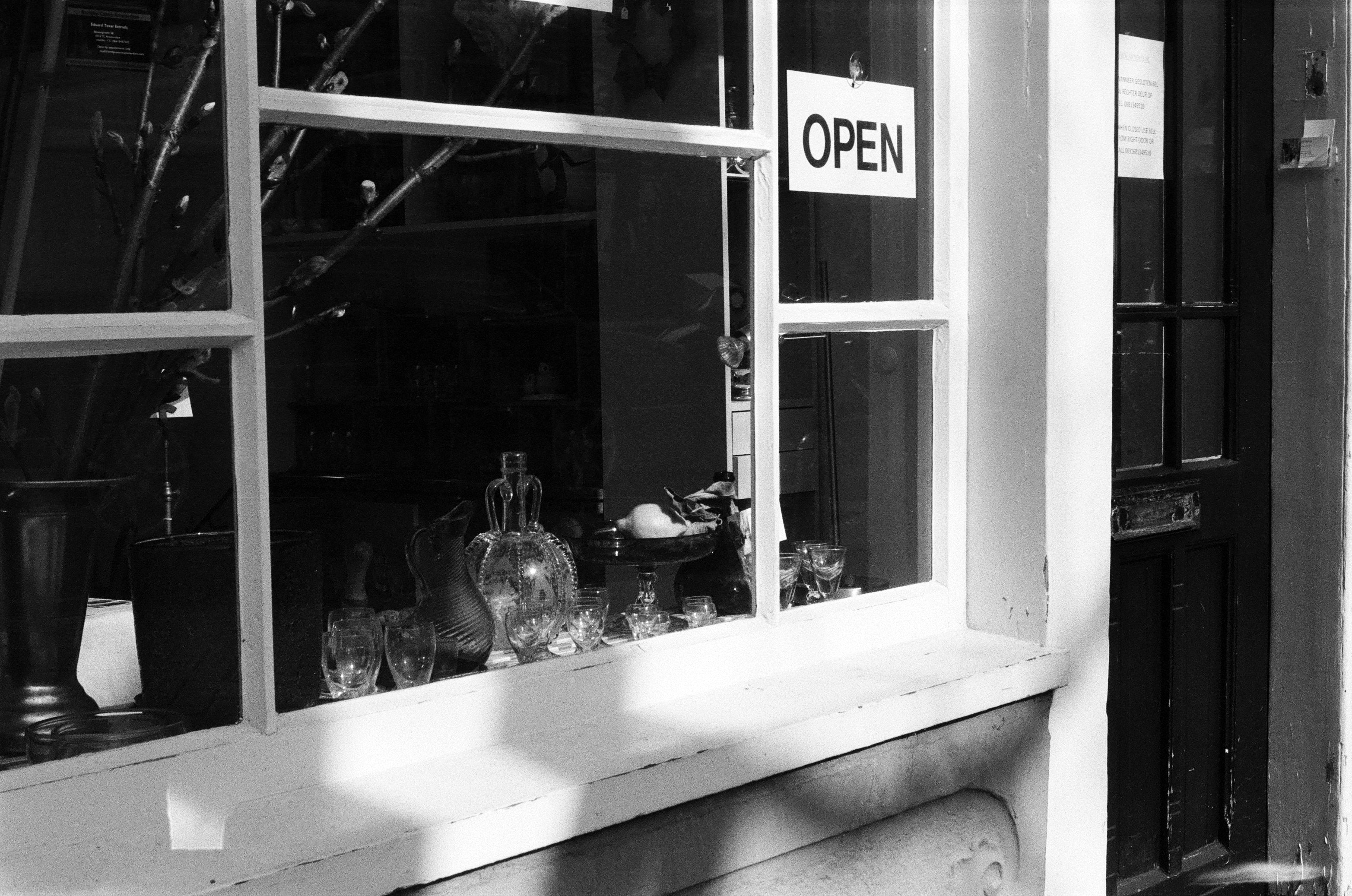 shop window on black and white film