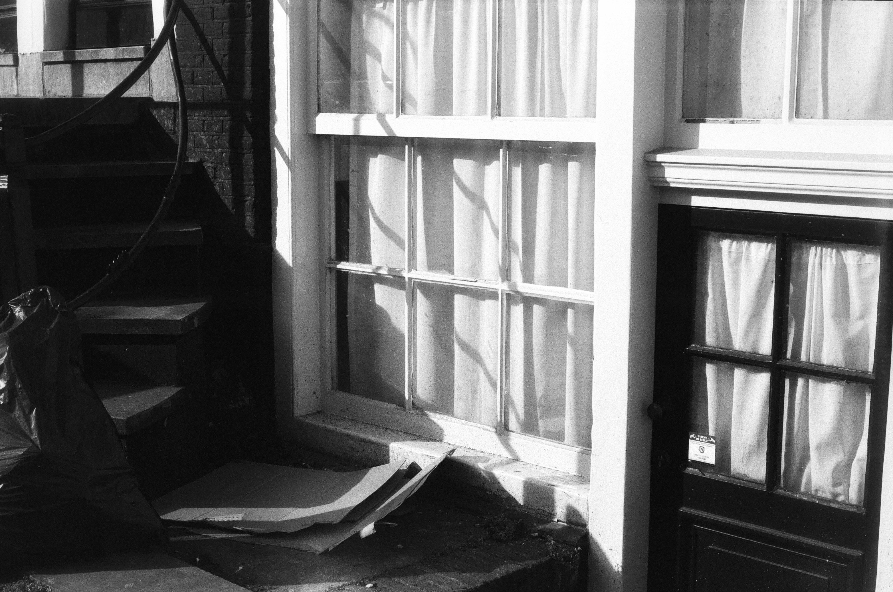 lighted windows shot on black and white film