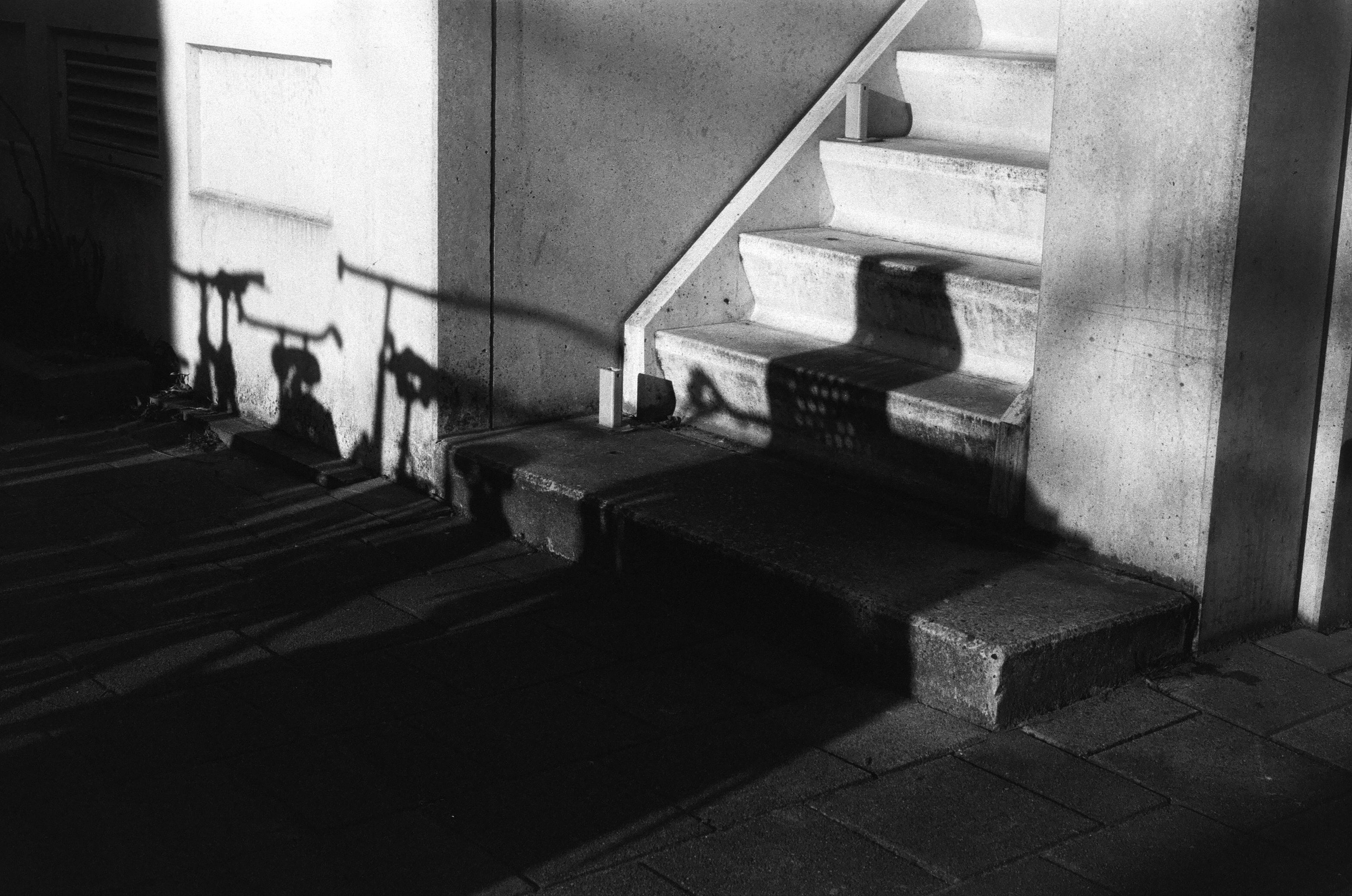 lighted stairs shot on black and white film