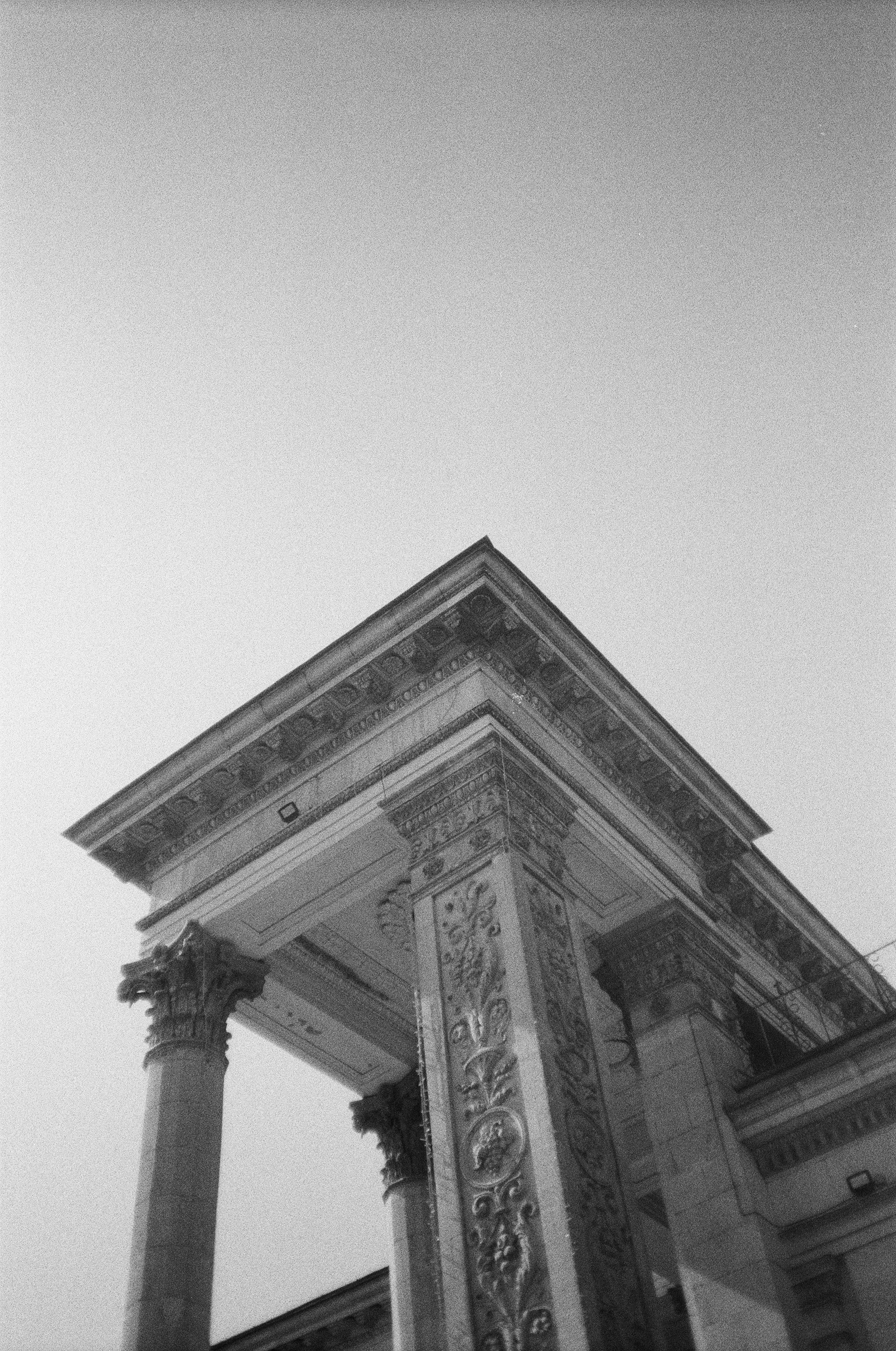 classic architecture on grainy black and white film