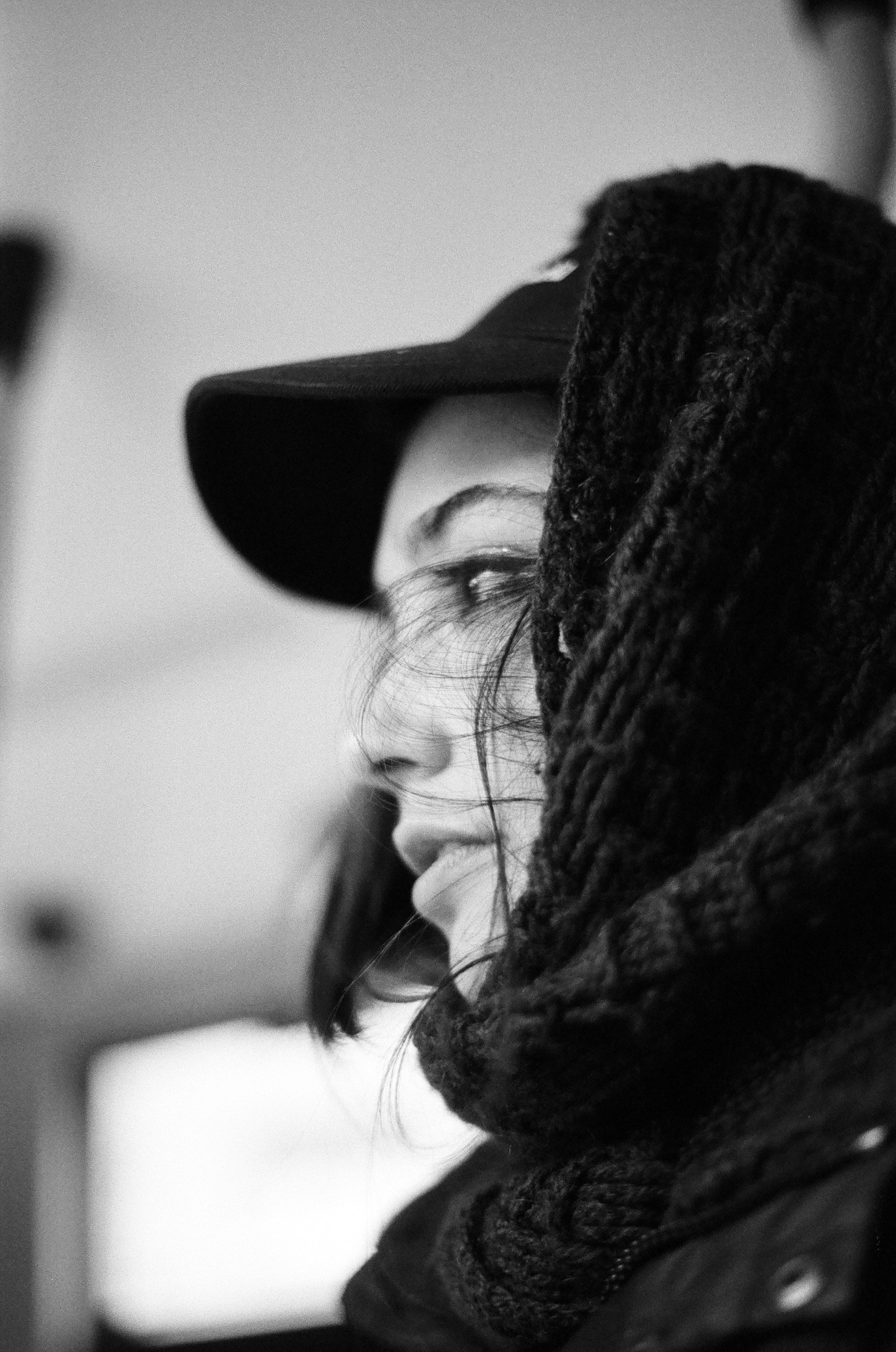 girl's profile captured on black and white film