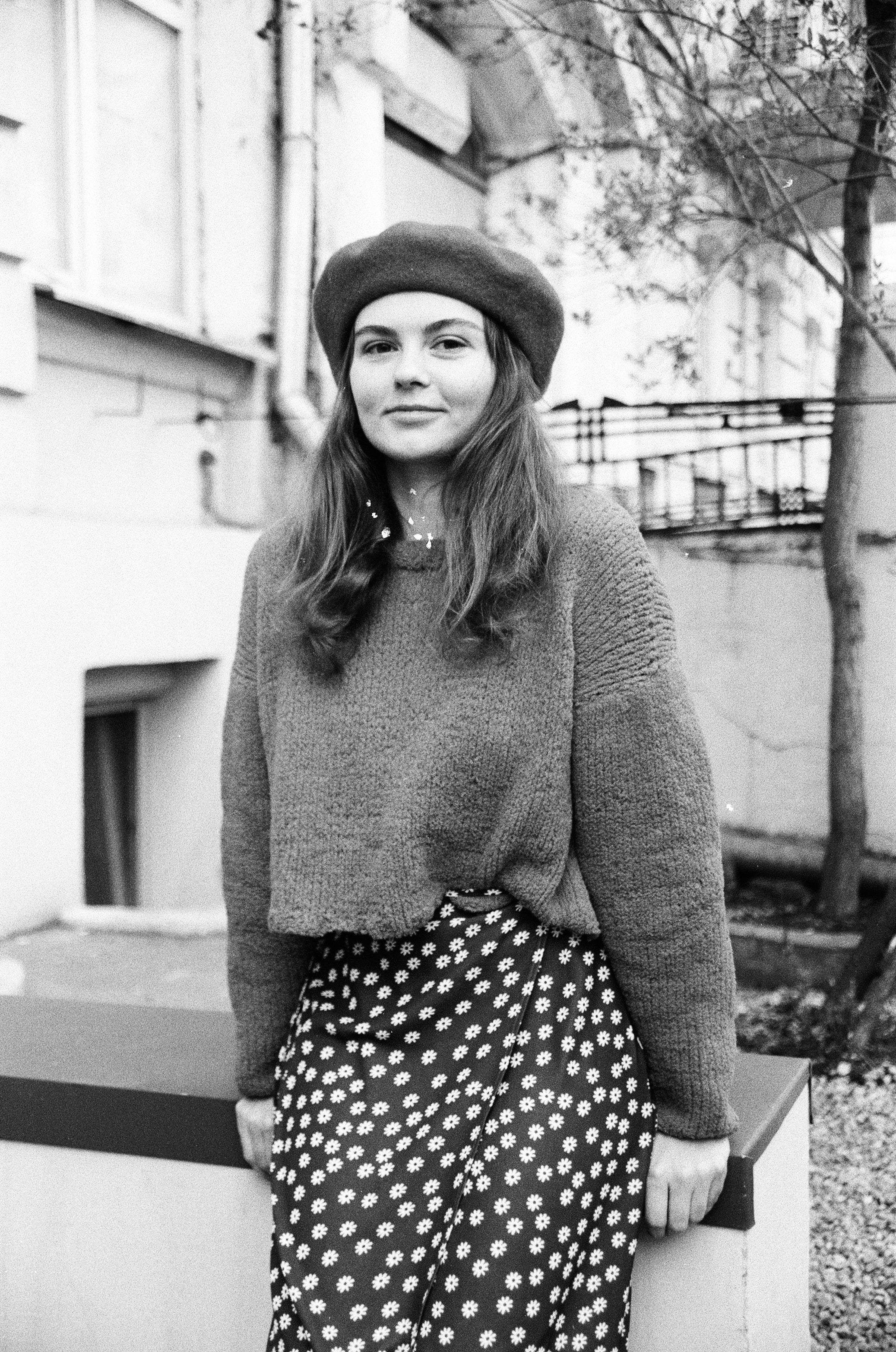 girl in a beret captured on black and white film
