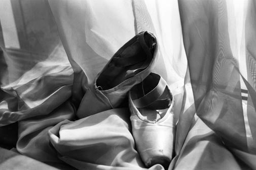 ballet shoes shot on Ilford FP4 Plus black and white film