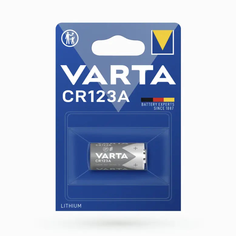 Varta CR123A battery packaging with blue background