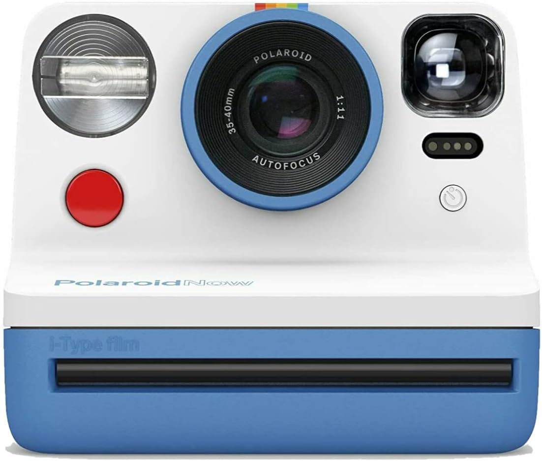 Polaroid Now instant camera with blue and red accents on a white background