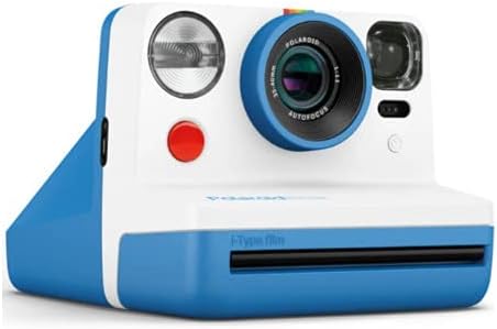 Blue and white Polaroid camera on a white background