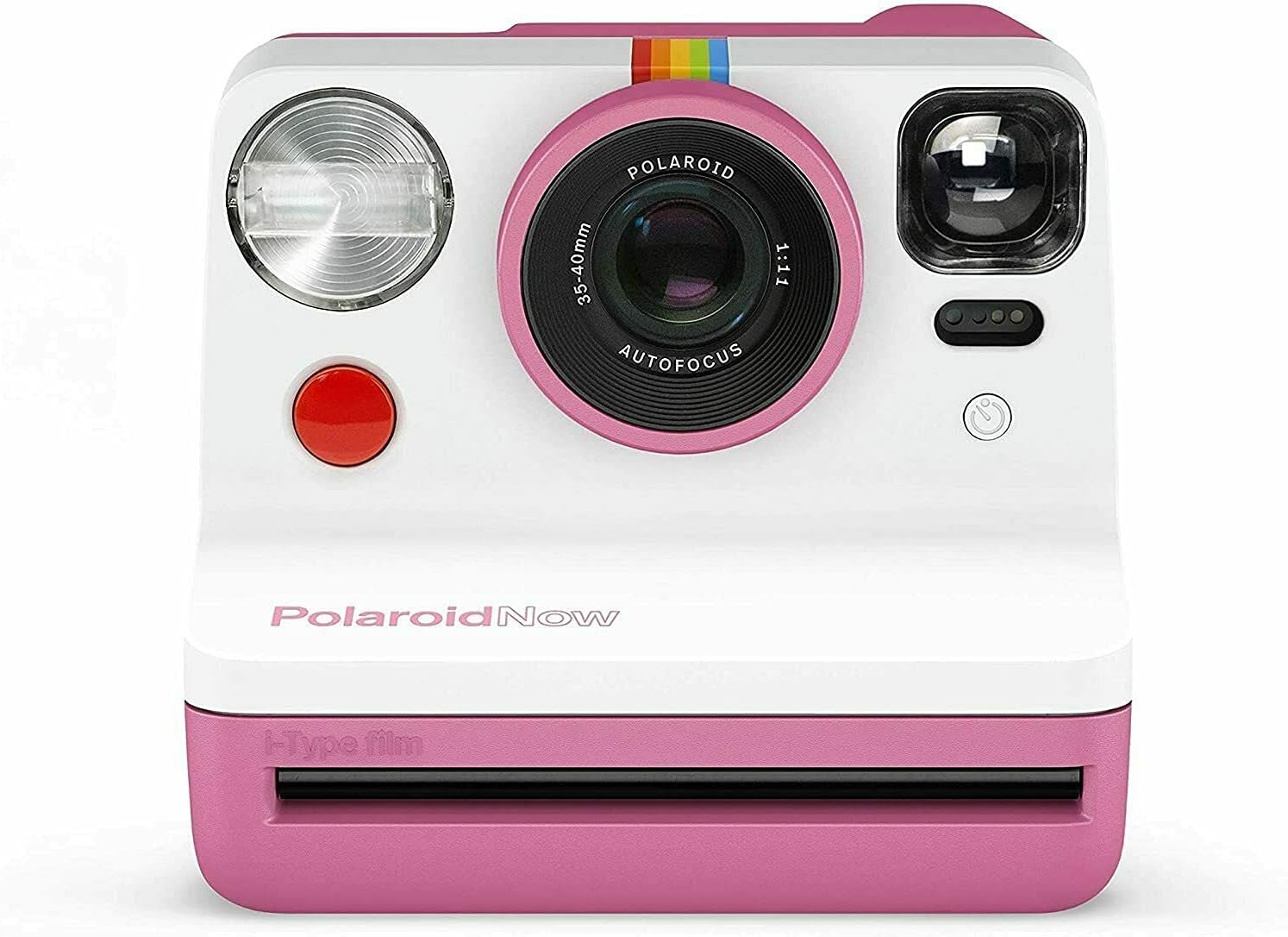 Pink and white Polaroid camera on a white background